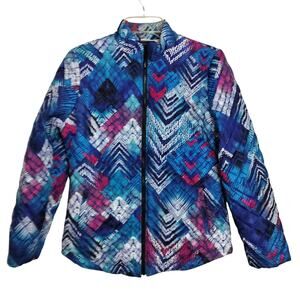 4694) Weekends by Chico's Blue Geo Print Full Zip Quilted Jacket Size 0/US Small